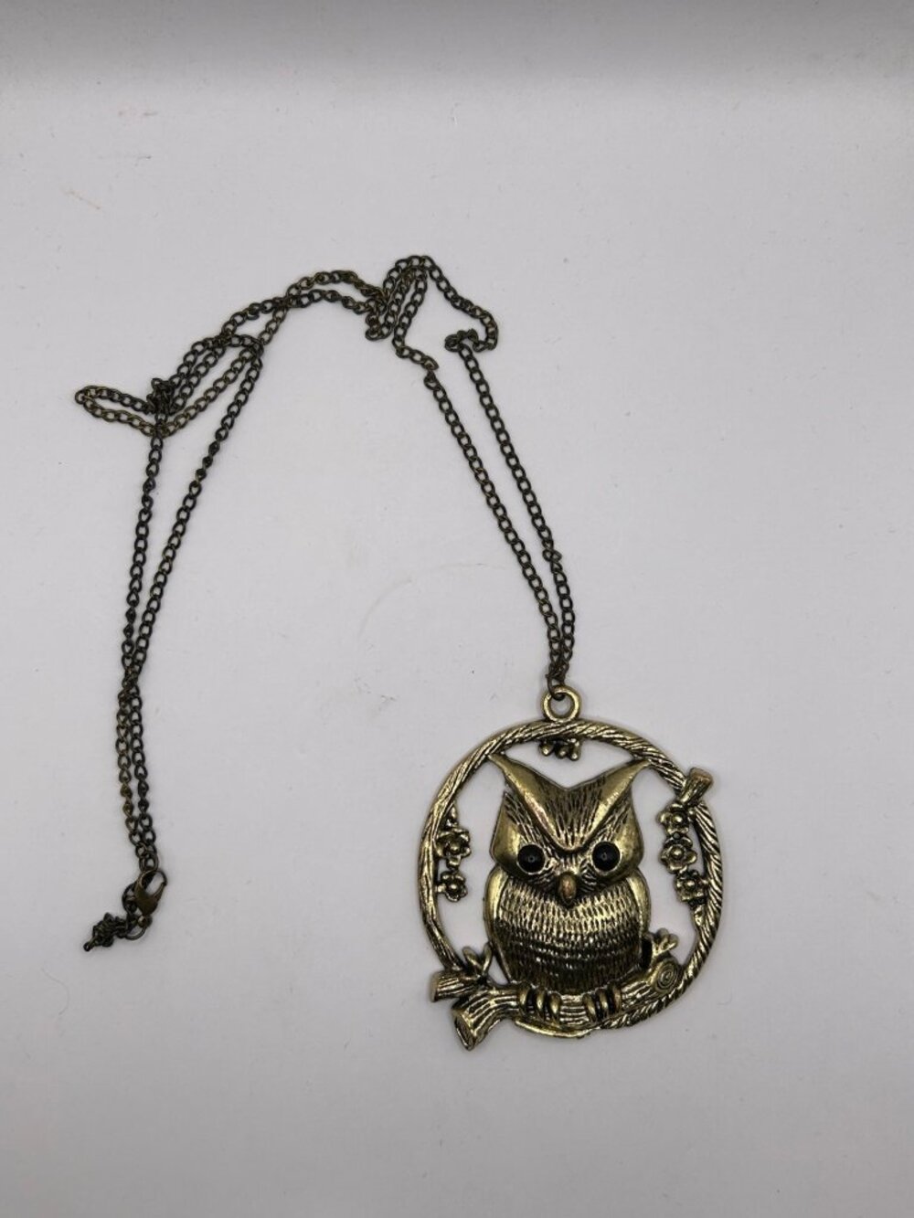 Vintage Brass Owl Pendant Necklace With Intricate Chain & Woodland Design